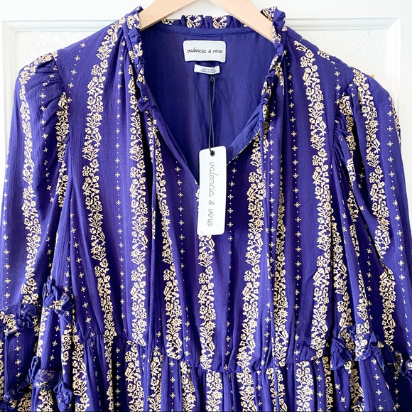 Valencia & Vine Emilie Sun Dress Gold Purple Large 3/4 Sleeves Ruffles Mini - Picture 5 of 10